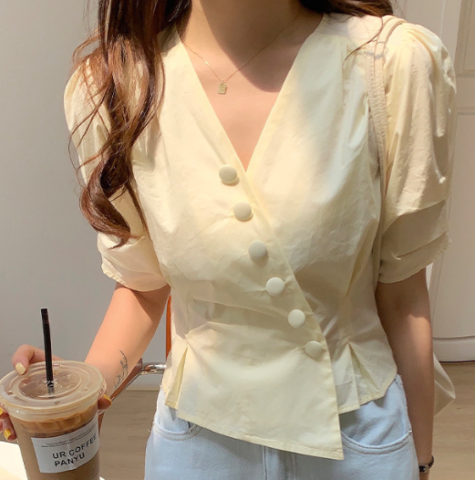 Summer New Style Korean Design Puff Sleeve Short Blouse Women